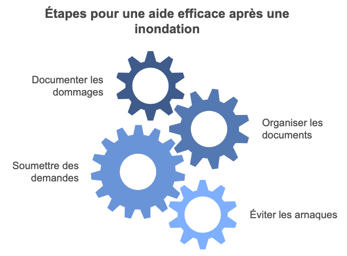 Schéma pour expliquer les étapes pour obtenir de l'aide après une inondation