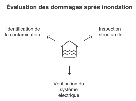 Schéma avec une petite maison expliquant les 3 étapes dans l'évaluation des dommages après une inondation