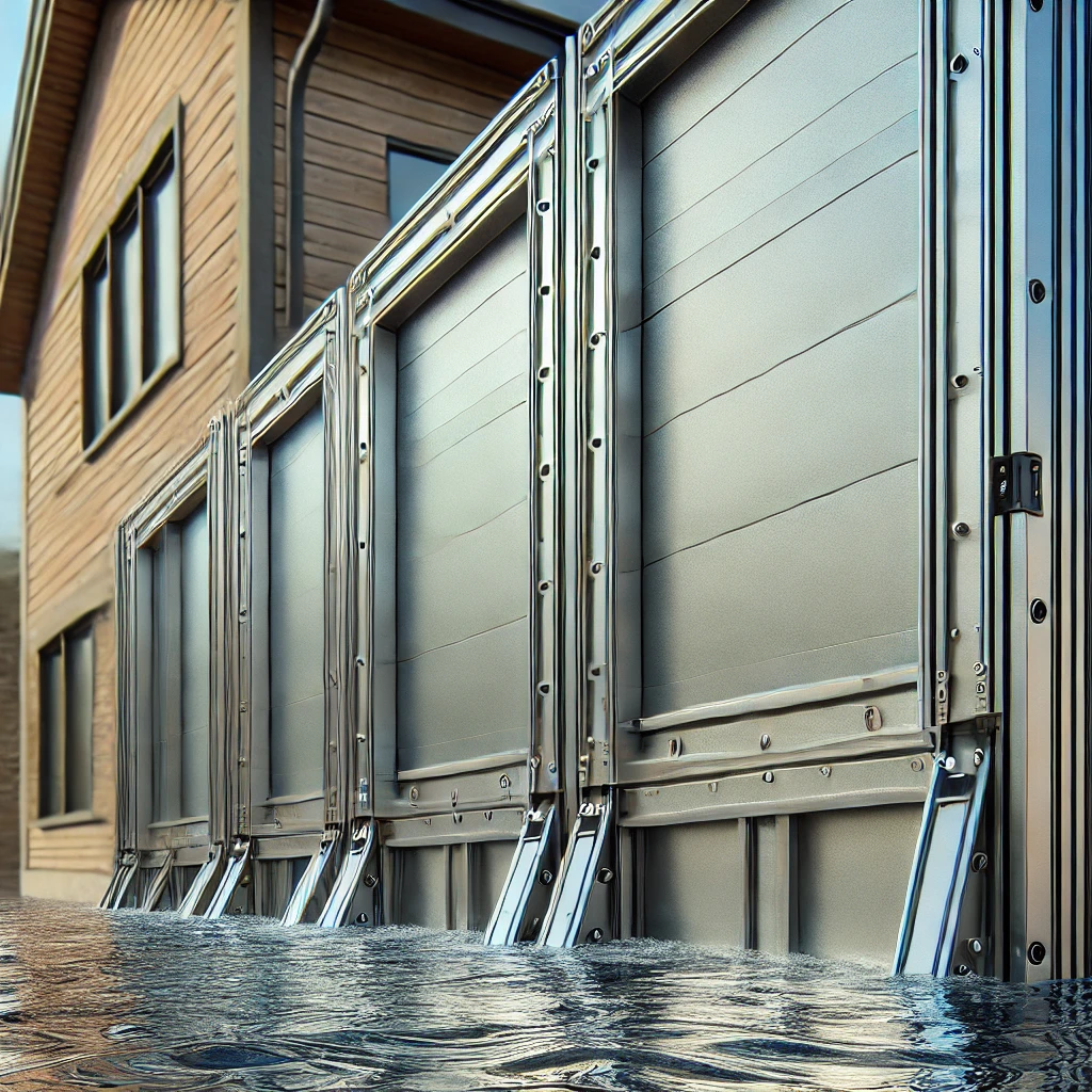 Batardeau en aluminium installée devant une maison moderne, qui protège le bâtiment contre les eaux de crue.